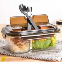 乐扣乐扣LOCK&LOCK 玻璃保鲜盒生鲜盒餐盒饭盒分隔饭盒 咖啡色 含叉勺